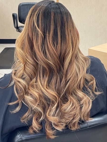 Image of  Women's Hair, Color, Balayage, Color Correction, Blonde, Foilayage, Long Hair (Mid Back Length), Hair Length (Women's Hair), Curly, Haircut (Style), Layers, Beachy Waves, Style, Curls, Hair Restoration