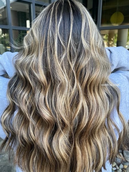 Image of  Women's Hair, Hair Color, Balayage, Blonde, Brunette, Foilayage, Highlights, Hair Length , Long Hair (Upper Back Length), Long Hair (Mid Back Length), Layers, Haircut , Beachy Waves, Hairstyle, Curls