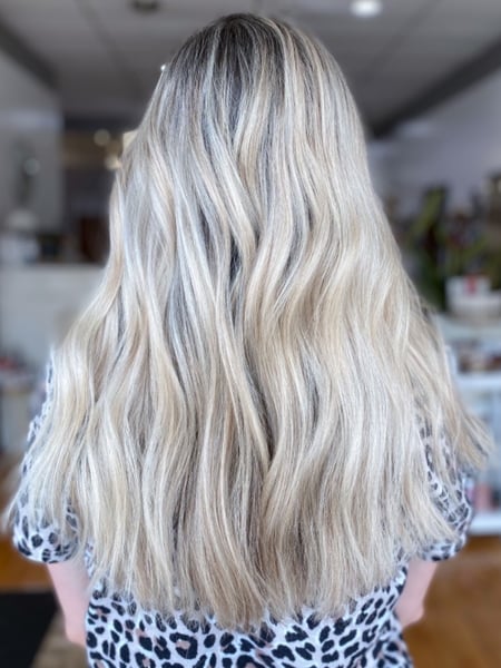Image of  Women's Hair, Blonde, Color, Highlights, Long Hair (Mid Back Length), Hair Length (Women's Hair), Beachy Waves, Style, Curls