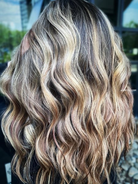 Image of  Women's Hair, Hair Color, Balayage, Blonde, Brunette, Foilayage, Highlights, Hair Length , Long Hair (Upper Back Length), Long Hair (Mid Back Length), Layers, Haircut , Beachy Waves, Hairstyle