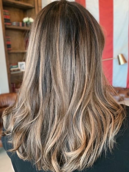 Image of  Women's Hair, Blowout, Hair Color, Balayage, Blonde, Brunette, Foilayage, Highlights, Long Hair (Upper Back Length), Hair Length , Layers, Haircut 