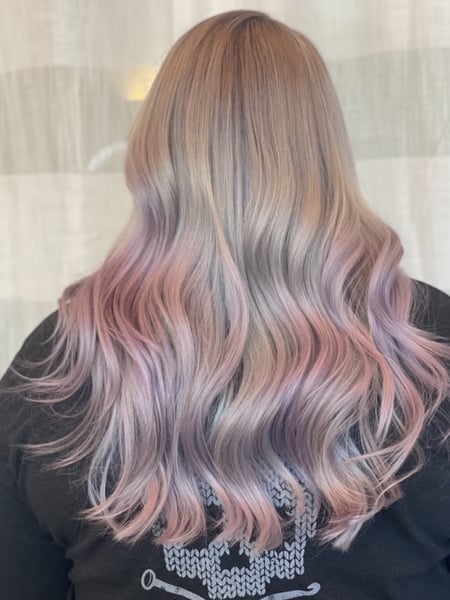 Image of  Women's Hair, Blowout, Color, Balayage, Blonde, Fashion Color, Foilayage, Full Color, Highlights, Ombré, Silver, Long Hair (Mid Back Length), Hair Length (Women's Hair), Haircut (Style), Layers, Beachy Waves, Style, Curls