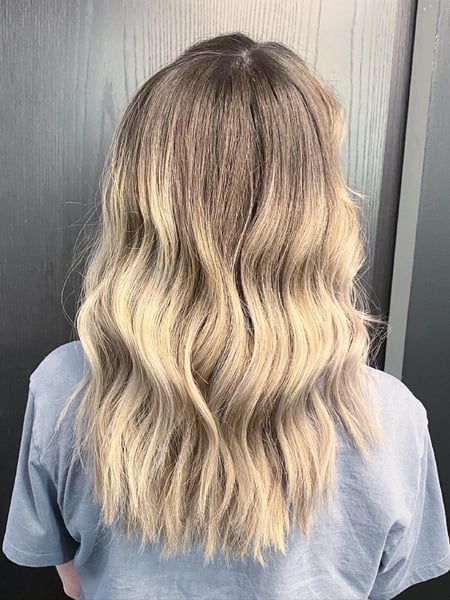 Image of  Women's Hair, Balayage, Hair Color, Blonde, Foilayage, Hair Length , Long Hair (Upper Back Length), Layers, Haircut , Curly, Beachy Waves, Hairstyle
