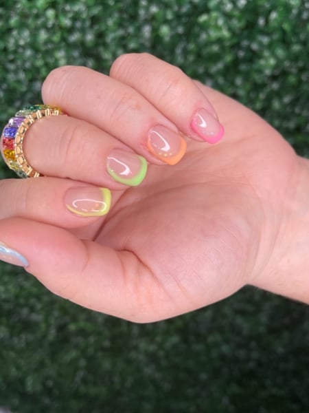 Image of  Nails, Manicure, Gel, Nail Finish, Short, Nail Length, Clear, Nail Color, Neon, Orange, Pastel, Pink, Yellow, Green, Blue, French Manicure, Nail Style, Hand Painted, Nail Art, Square, Nail Shape