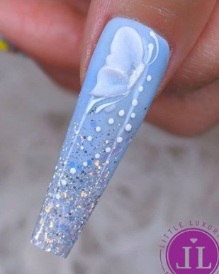 Image of  Nails, Nail Color, Blue, Metallic, Glitter, White, Acrylic, Nail Finish, Long, Nail Length, Stiletto, Nail Shape, Accent Nail, Nail Style, Hand Painted, Jewels, Mix-and-Match