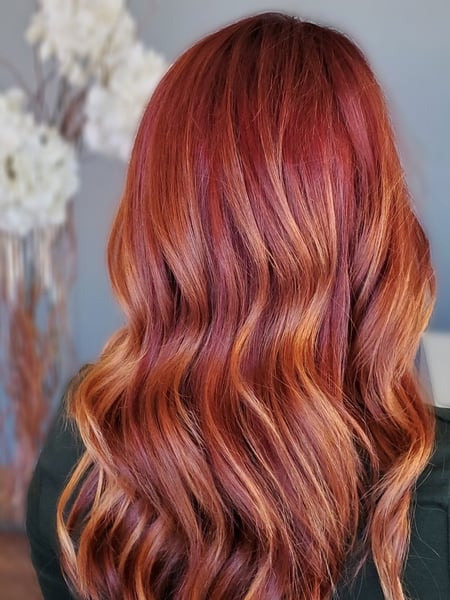 Image of  Women's Hair, Hair Color, Balayage, Red, Long Hair (Mid Back Length), Hair Length , Layers, Haircut , Beachy Waves, Hairstyle