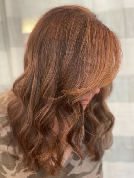 Image of  Women's Hair, Balayage, Color, Color Correction, Long Hair (Upper Back Length), Hair Length (Women's Hair), Bangs, Haircut (Style), Layers, Full Color, Highlights, Beachy Waves, Style, Curls