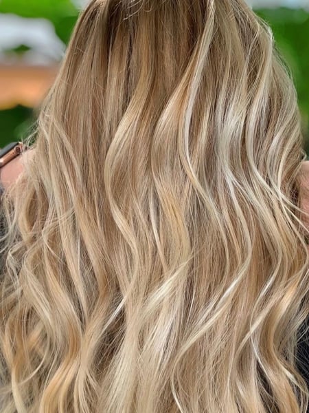Image of  Women's Hair, Blonde, Color, Highlights, Long Hair (Mid Back Length), Hair Length (Women's Hair), Layers, Haircut (Style), Beachy Waves, Style