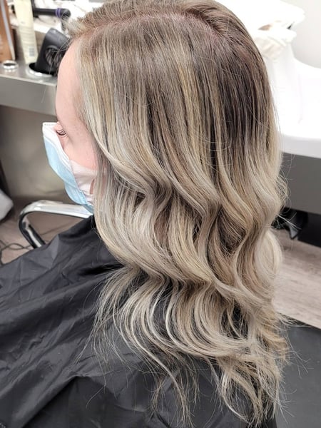 Image of  Women's Hair, Blowout, Hair Color, Balayage, Brunette, Foilayage, Silver, Long Hair (Upper Back Length), Hair Length , Haircut , Layers, Beachy Waves, Hairstyle, Curls