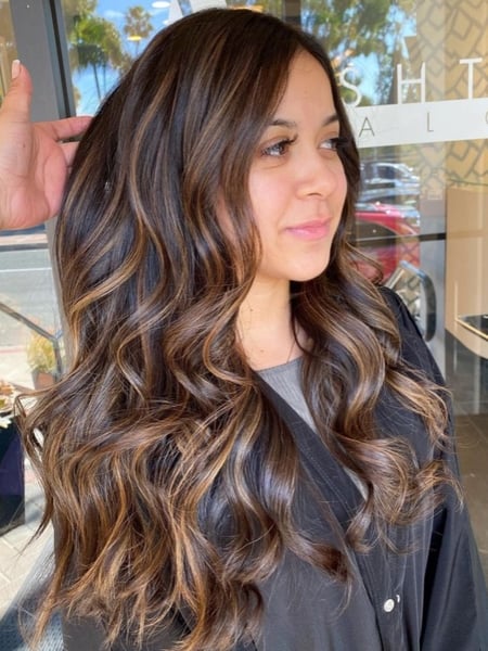 Image of  Women's Hair, Foilayage, Hair Color, Brunette, Blonde, Balayage, Black, Color Correction, Full Color, Highlights, Long Hair (Mid Back Length), Hair Length , Curly, Haircut , Beachy Waves, Hairstyle