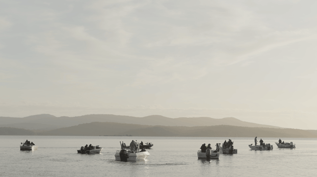 Boats on glass water at first light
