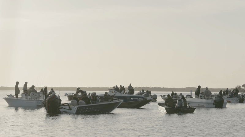 The fleet gathered on the water at the Mallacoota Flatty Classic