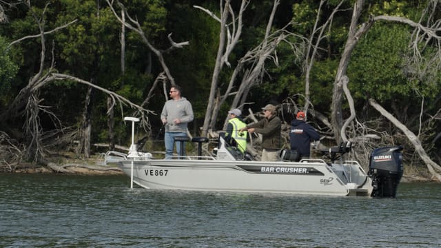 A crew of four working the snags under dead trees on the bank