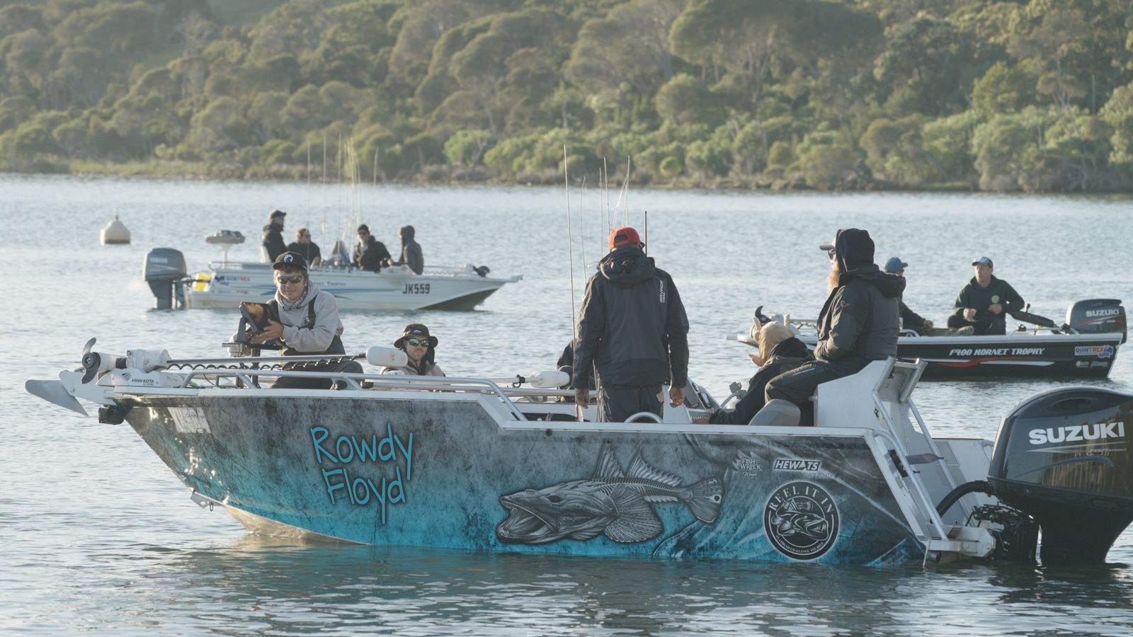 The fleet idling together on the Mallacoota inlet at the start of a session