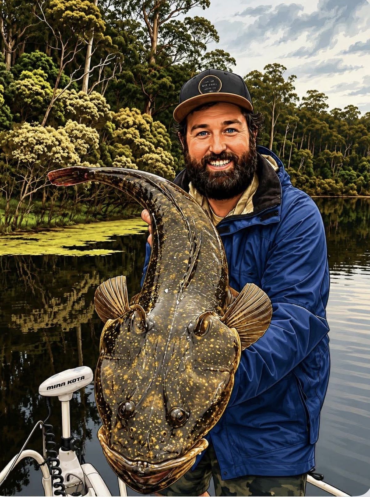 Illustrated portrait of Aaron in a blue jacket holding a very large flathead, timbered shoreline behind