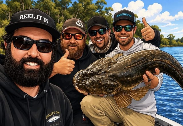 Illustrated portrait of the four-man Anger Management crew on the boat, thumbs up, one of them holding a dusky flathead