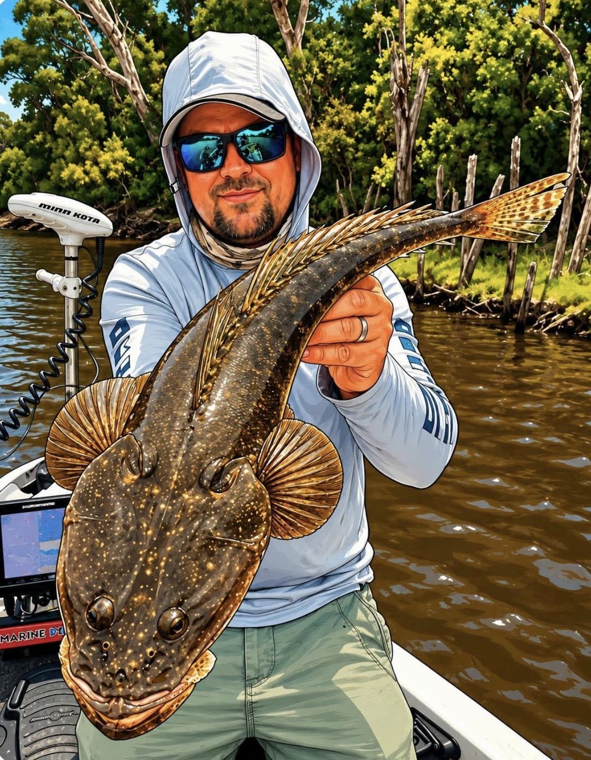Illustrated portrait of Michael in a hooded sun shirt holding a long flathead across the boat
