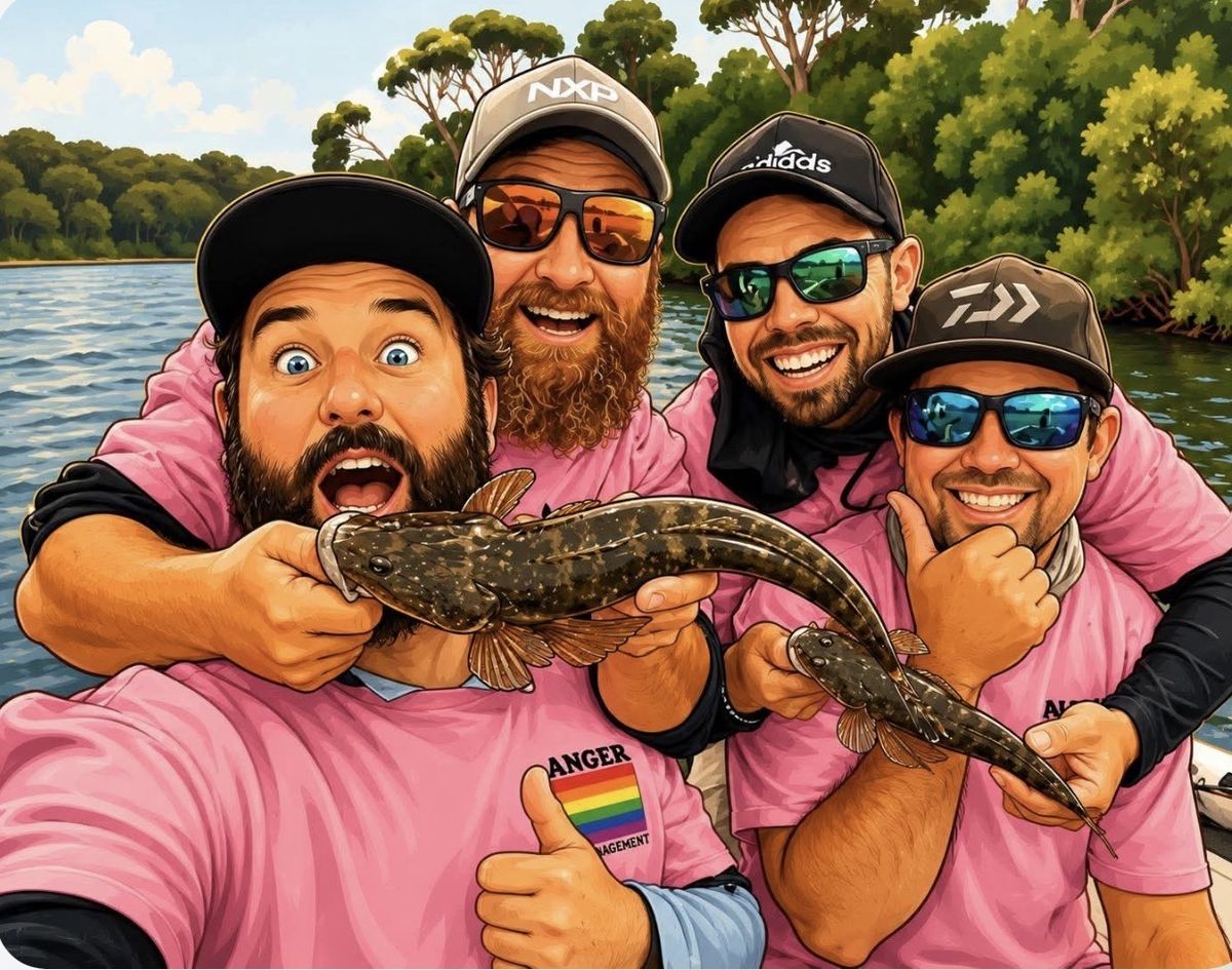 Illustrated portrait of the four crew members in pink Anger Management team shirts, holding two flathead