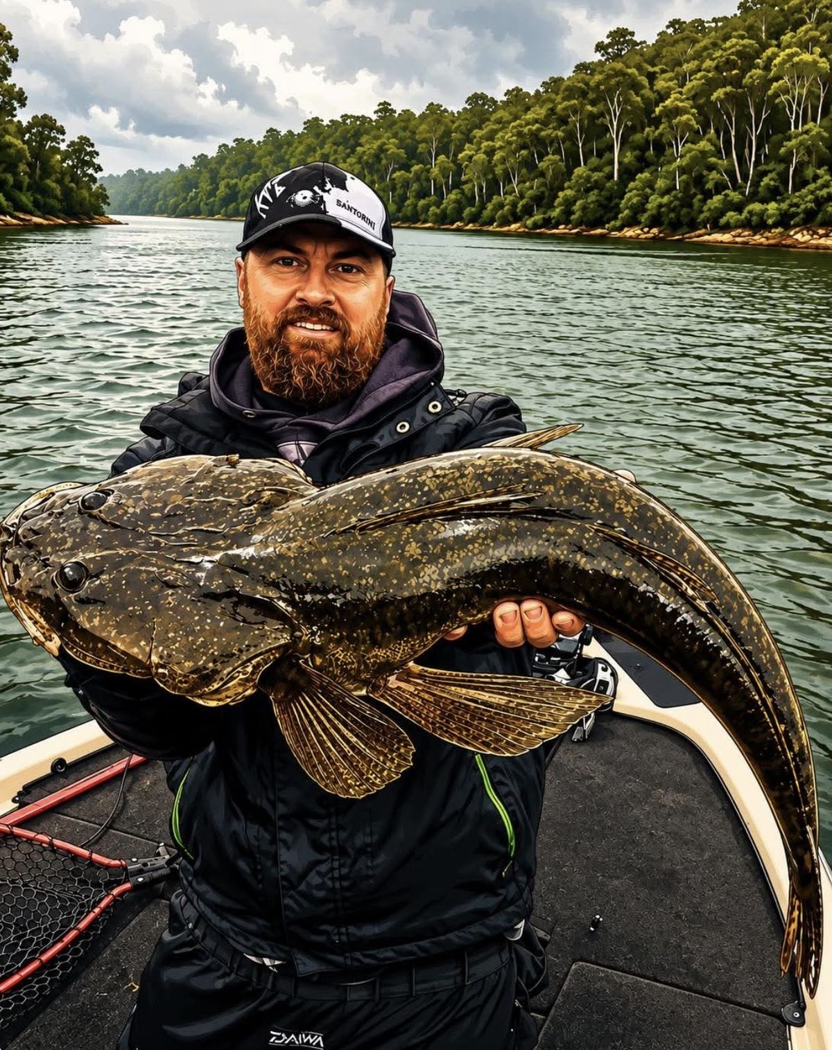 Illustrated portrait of Shane in a black jacket and cap holding a thick flathead on the boat