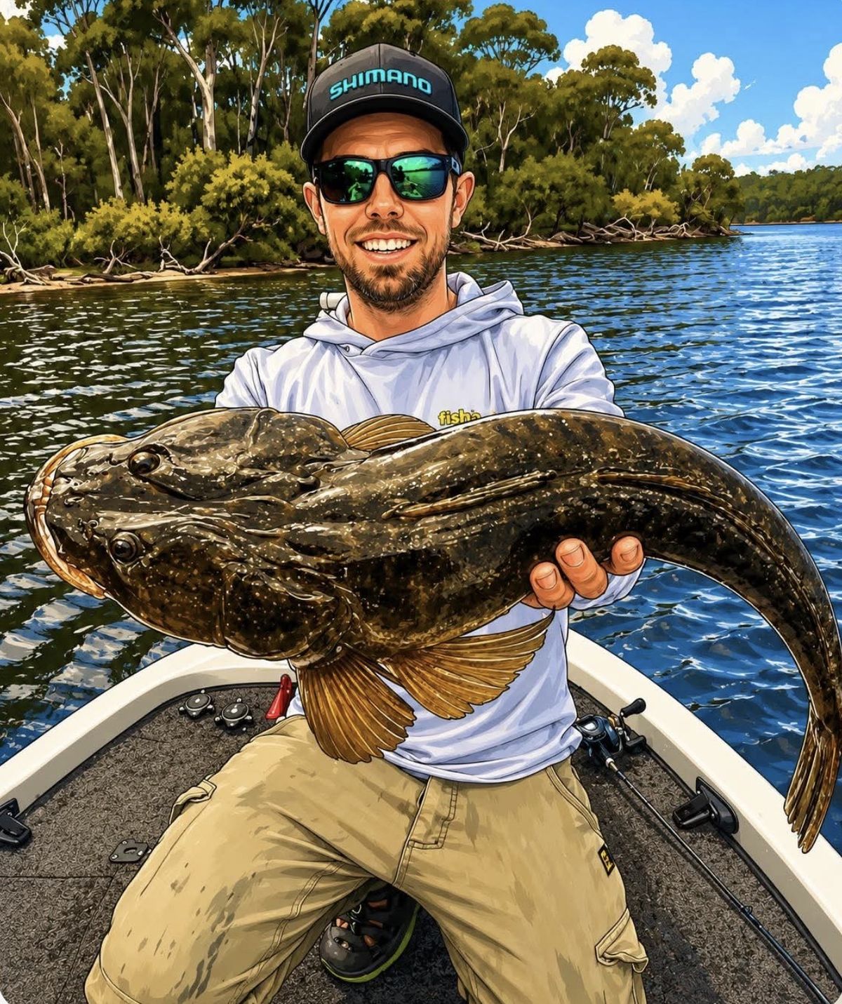 Illustrated portrait of Stuart in a Shimano cap and sunglasses holding a flathead across his knees