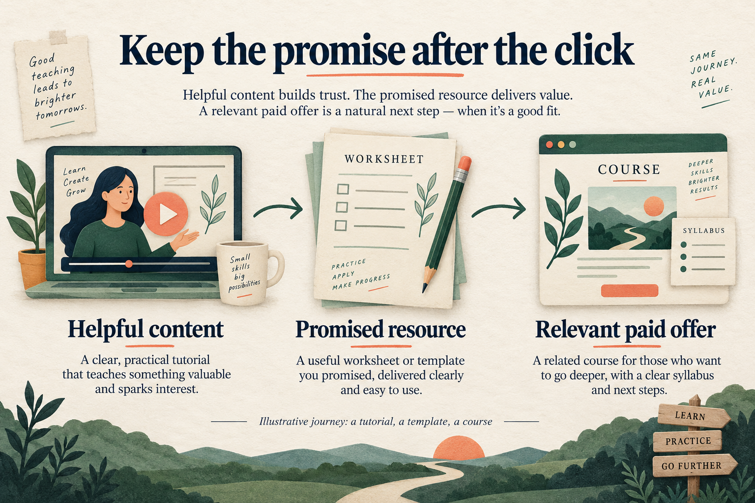 An illustrative path from a helpful tutorial to the promised worksheet and then to a relevant paid course.
