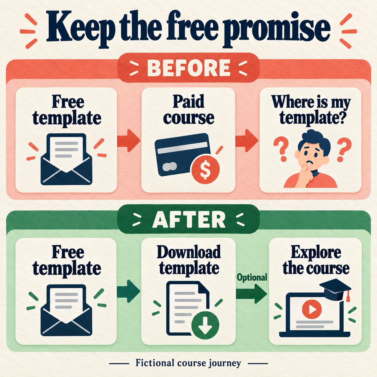 A free-template invitation first leads to a paid course; the corrected journey delivers the template before an optional course link.