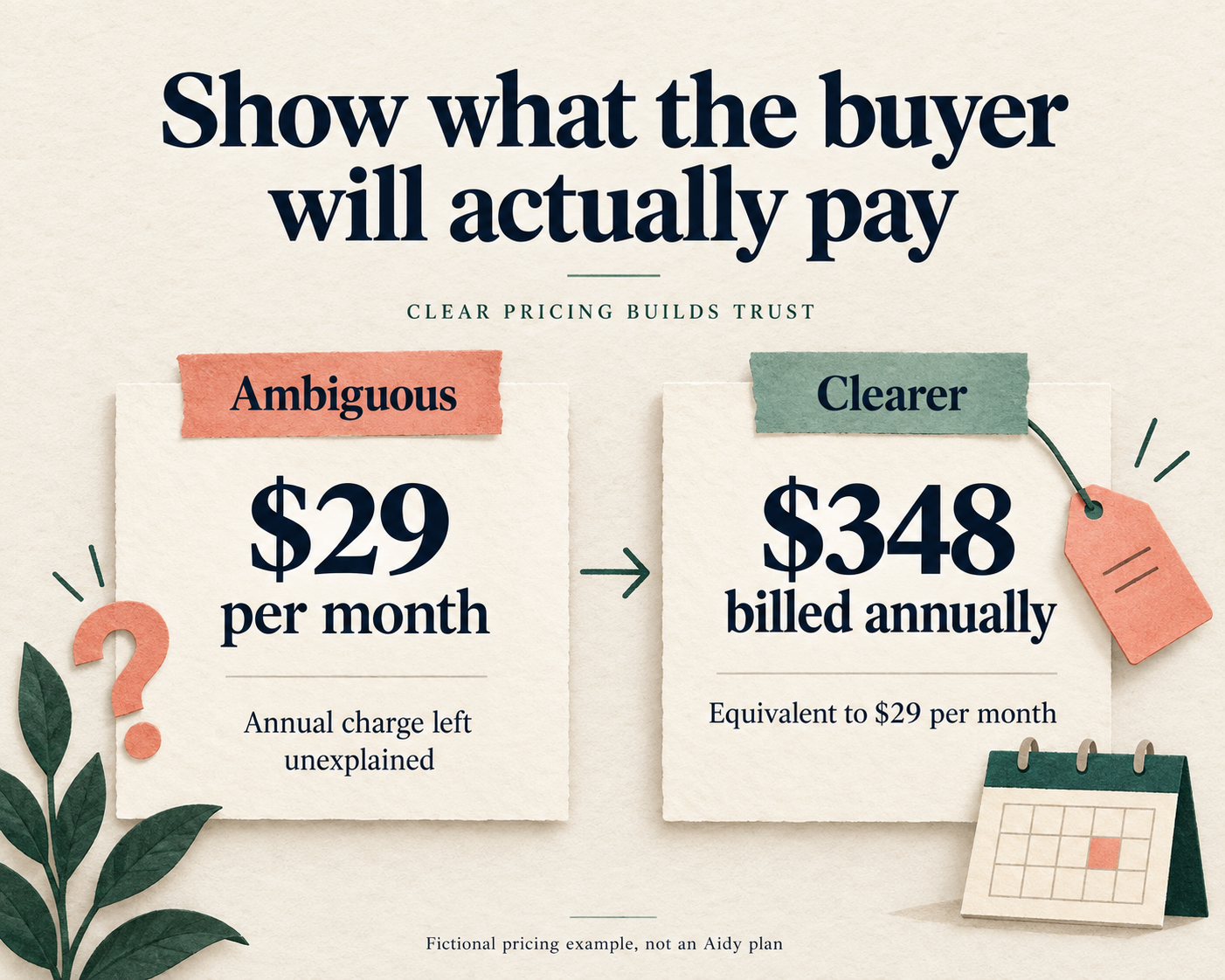 Fictional pricing comparison: an unexplained 29 dollars per month versus 348 dollars billed annually, equivalent to 29 dollars per month.