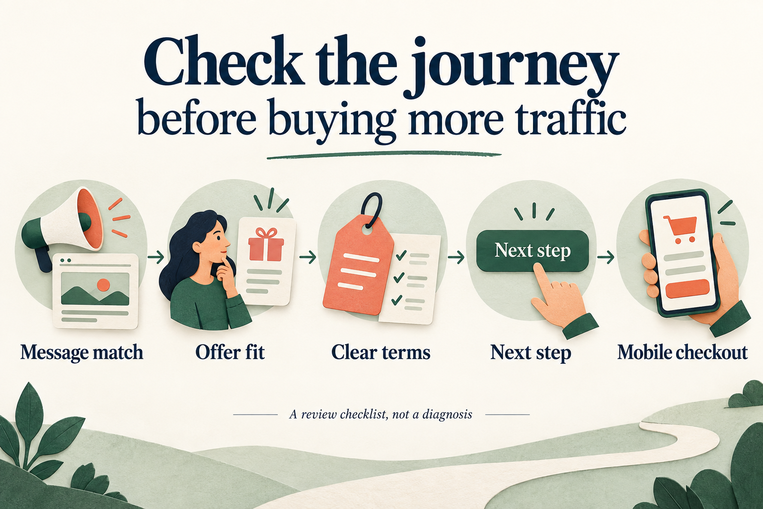 Five checkpoints in a buying journey: message match, offer fit, clear terms, the next step, and mobile checkout.