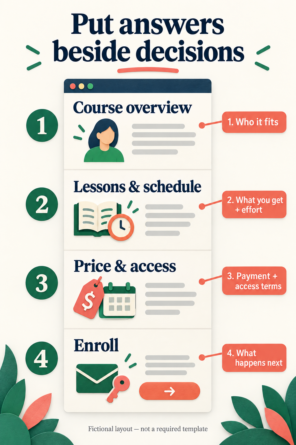 A course page places audience fit by its overview, deliverables and effort by lessons and schedule, payment and access terms by price, and next steps by enrollment.