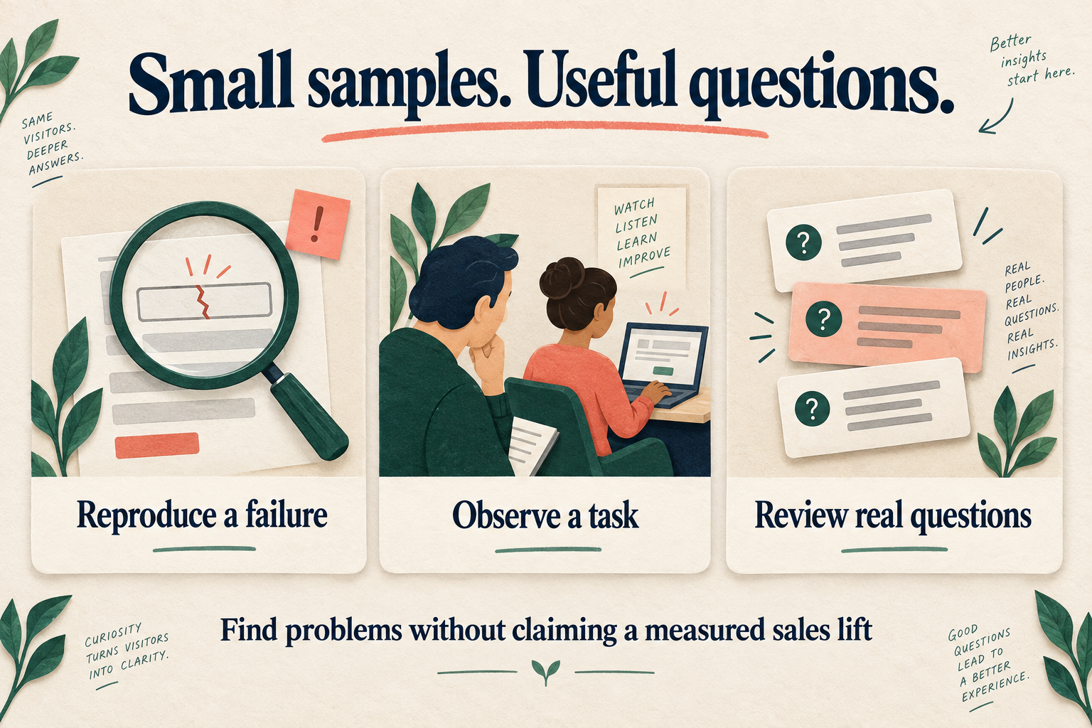 Three ways to investigate a low-traffic website: reproduce a failure, observe a task, and review real customer questions.