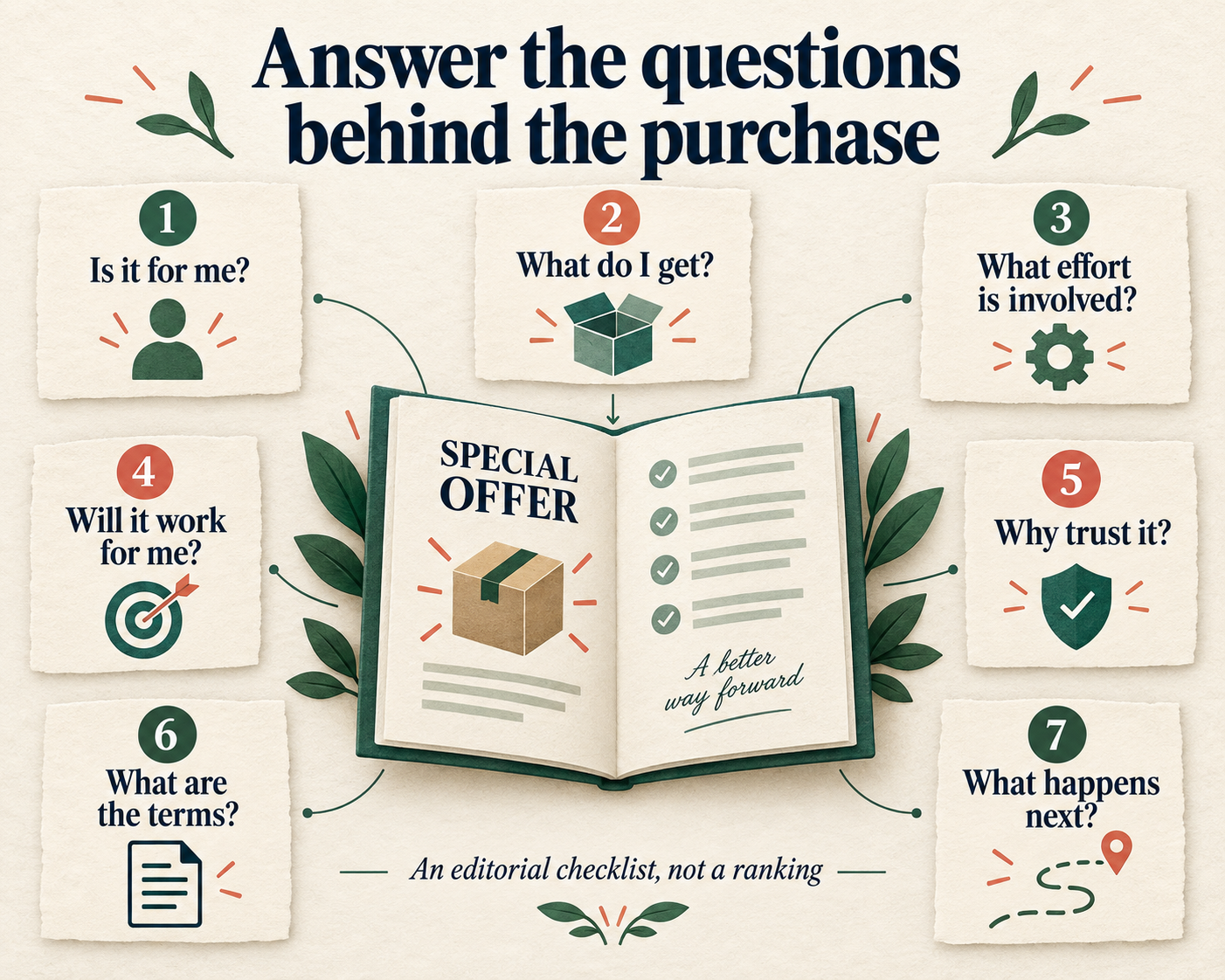 Seven buyer questions covering fit, deliverables, effort, compatibility, trust, terms, and what happens after purchase.