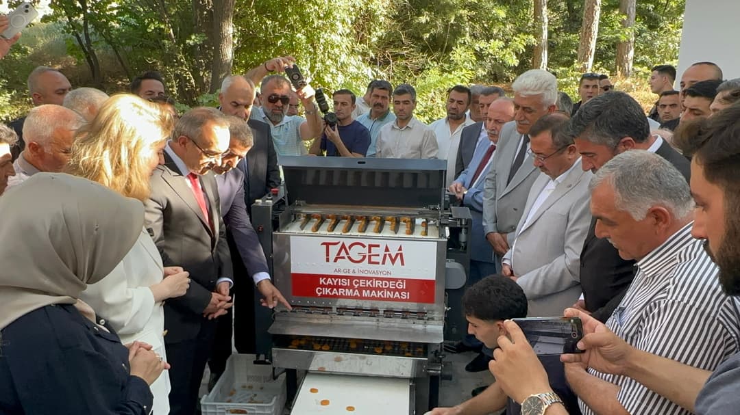 Açık havada düzenlenen tanıtımda, üzerinde “Kayısı Çekirdeği Çıkarma Makinası” yazan makinenin başında toplanmış kalabalık bir grup; makinenin bandında kayısılar ilerliyor.