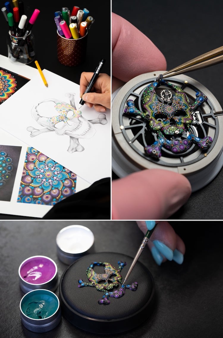 Tourbillon Skelet Ceramic - "Skull Pointillism" Jaquet Droz lavorazione