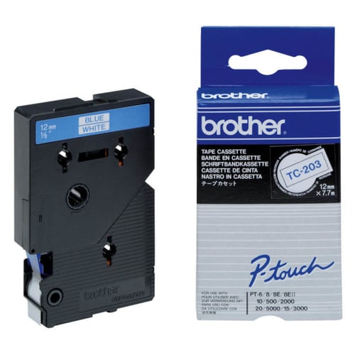 Fita laminada. Texto azul sobre fundo branco. Largura: 12 mm. Comprimento: 7,7 m - Brother TC203