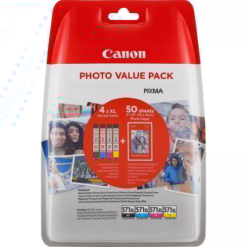 Pacote de 4 cartuchos de tinta originais Canon CLI571XL - 50 folhas de papel fotográfico - 0332C005 - Canon 0332C005