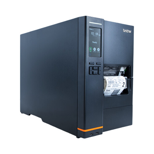 Impressora industrial de etiquetas de transferência térmica e tecnologia térmica direta com uma resolução de 203ppp e ribbon de 600m. Visor LCD tátil, rebobinador interno e design robusto para ambientes de alta produção - Brother TJ-4422TN