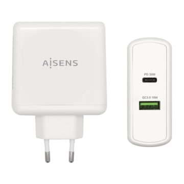 Carregador de Smartphone Aisens 48W 1x USB-C PD3.0 30W, 1x USB-A QC3.0 18W - Aisens 178046