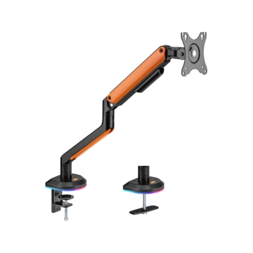 Suporte de mesa para monitor/TV RGB para jogos Aisens - Giratório e inclinado - Iluminação RGB - Aço e alumínio - Compatível com Vesa - Carga máxima 9Kg - Braço articulado - Sistema de passagem de cabos - Cor preto/laranja - Aisens 284952