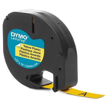 Dymo LetraTag S0721620 Cinta de Etiquetas Original para Rotuladora - Texto negro sobre fondo amarillo - Ancho 12mm x 4 metros (91202) - Dymo S0721620