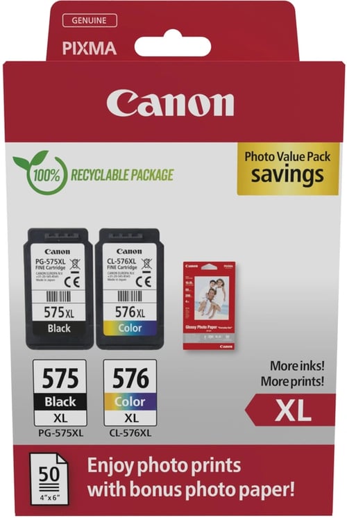 Canon PG-575XL/CL-576XL Embalagem múltipla de 2 tinteiros originais + 50 folhas de papel fotográfico - 5437C006 - Canon 5437C006