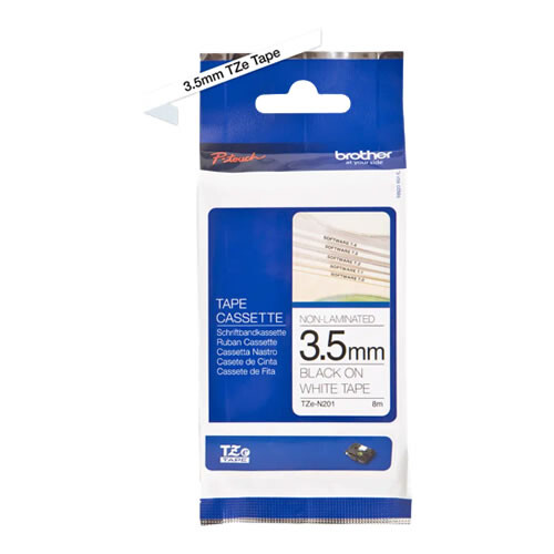 Fita não laminada. Texto preto sobre fundo branco. Largura: 3,5 mm. Comprimento: 8 m - Brother TZeN201
