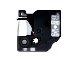 Fita de etiquetas genérica Dymo D1 45020 para impressora de etiquetas - Texto branco sobre fundo transparente - Largura 12 mm x 7 metros - Substitui S0720600 - DYR-45020