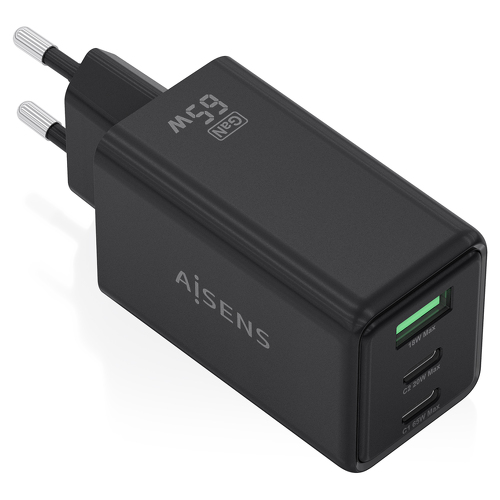 AISENS CARREGADOR GaN 65W 2xUSB-C PD3,0 QC4,0 1xUSB-A QC3,0 PRETO - Aisens ASCH-65W3P073-BK