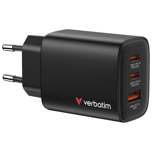 Verbatim Carregador GAN Essentials 65W 2xUSB-C 1xUSB-A QC 3.0 Black - Verbatim 32352