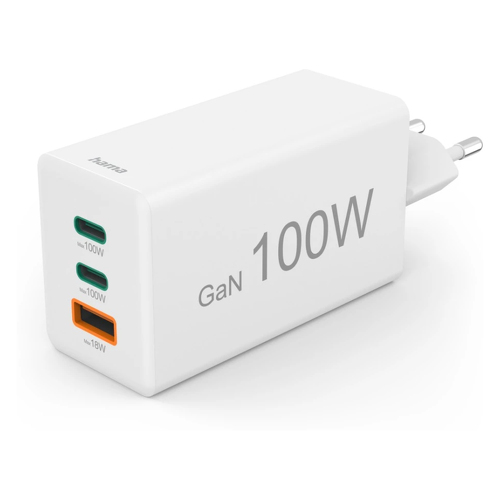 Hama Carregador rápido GaN com 2 portas USB-C e 1 porta USB-A – Mini carregador PD de 100 W, branco - Hama 00201997
