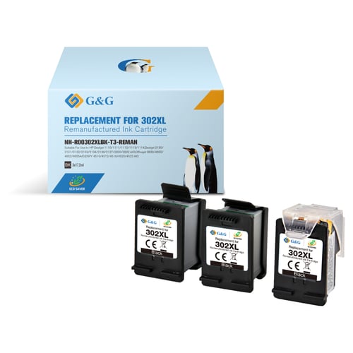 G&G HP 302XL Preto Pack de 3 Cartuchos de Tinta Compatível, s - Eco Saver - Muestra Nivel de Tinta3x 480 Páginas - Tinteiro Compatível F6U68AE/F6U66AE