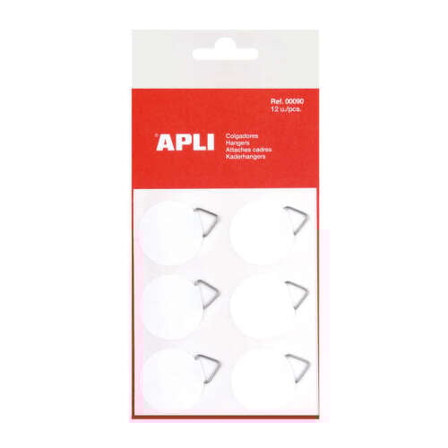 Apli Pack de 12 cabides redondos auto-adesivos Ø 30mm - Suporte triangular metálico - Suporte adesivo branco - Alta resistência - Ideal para fotografias, calendários e posters - APLI 00090