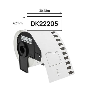 Etiqueta contínua compatível com DK-22205. Fita contínua de papel térmico (branca). Largura: 62mm. Comprimento: 30,48m - DK-22205C (Compatível)