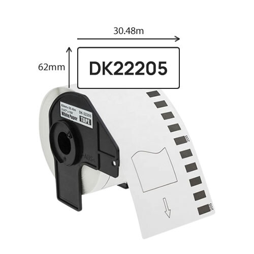 Etiqueta contínua compatível com DK-22205. Fita contínua de papel térmico (branca). Largura: 62mm. Comprimento: 30,48m - DK-22205C (Compatível)