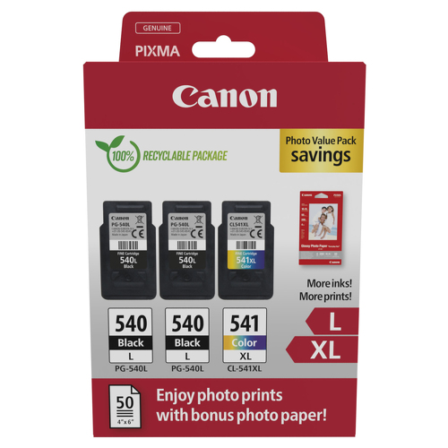 Canon PG-540L/CL-541XL Embalagem múltipla de 3 tinteiros originais + 50 folhas de papel fotográfico - 5224B015 - Canon 5224B015